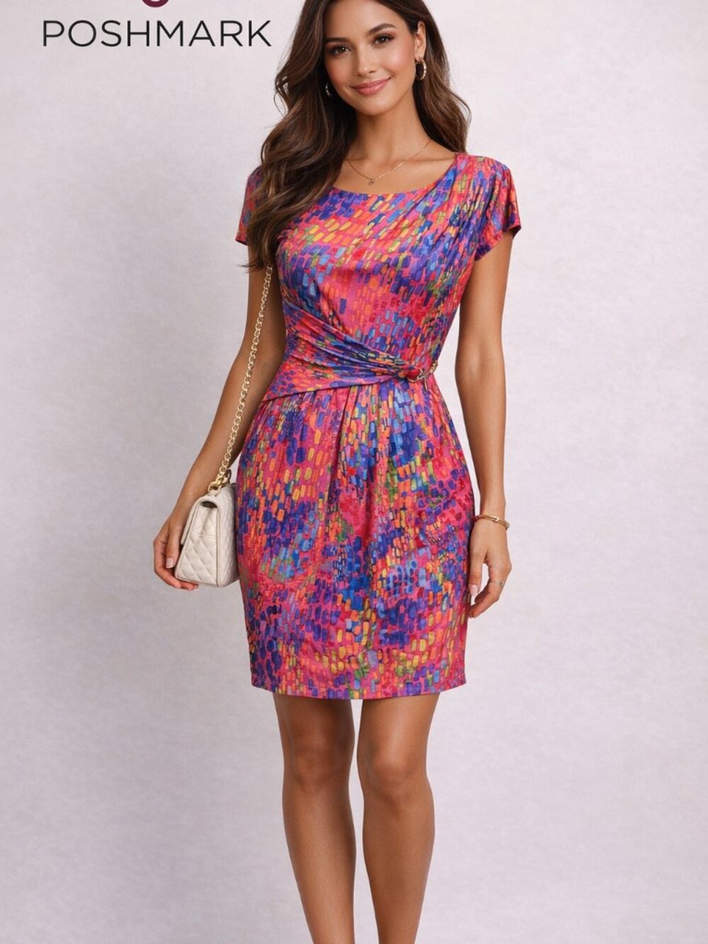 Ellen Tracey Dress size 2, abstract print short sleeve ruching